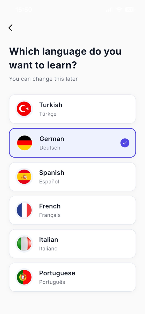 Language Selection Screen